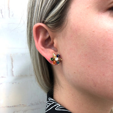 18K Gold Layered Oro Laminado Multi-Color Rhinestone Flower Design Earrings 21.0056/17